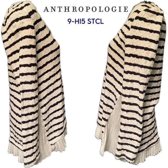 Postmark Anthropologie Walkwrite Navy White Stripe Textured Ruffle Sweater - Picture 4 of 4